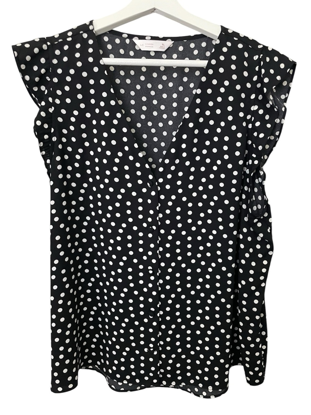 LC Lauren Conrad Black and White Polka Dot V-Neck flutter Sleeve Blouse Size XL